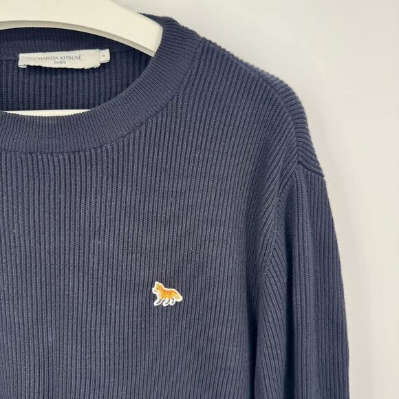 MAISON KITSUNE Baby Fox Patch Loose Pullover Sweater in Navy Wool Cotton Small - Picture 3 of 7